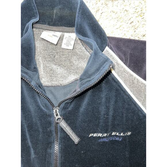 Vintage Perry‎ Ellis Sweatshirt Mens XL Velour Plush Full Zip Track Jacket - Picture 2 of 5